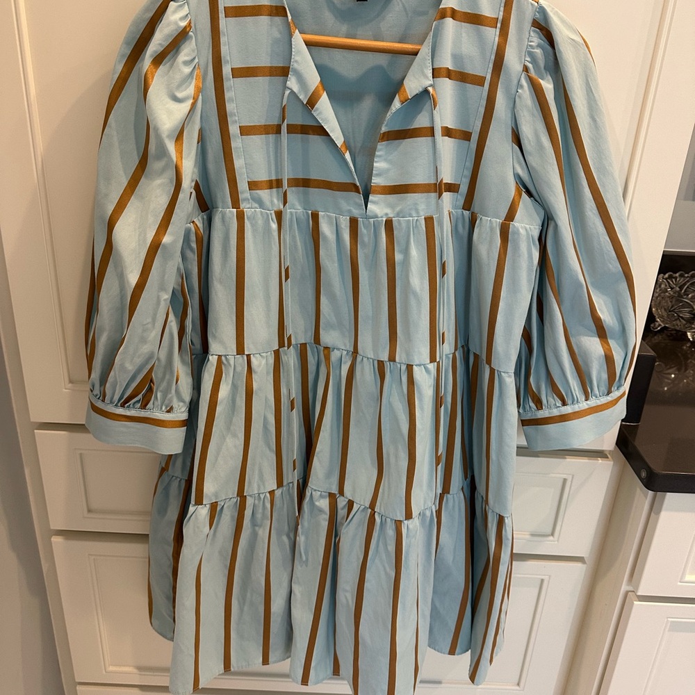 English Factory Sky Blue and Bronze Striped Dress